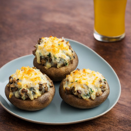 A photograph of a plate of Cheesy Stuffed Mushrooms, generated by AI