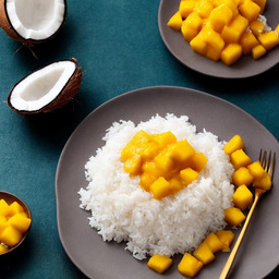 A photograph of a plate of Coconut Sticky Rice With Mango, generated by AI