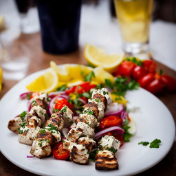 A photograph of a plate of Greek Souvlaki, generated by AI