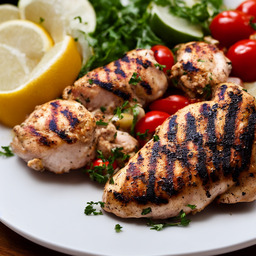 A photograph of a plate of Greek-style Grilled Chicken, generated by AI