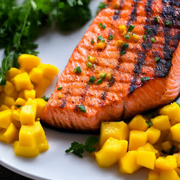 A photograph of a plate of Grilled Salmon With Mango Salsa, generated by AI