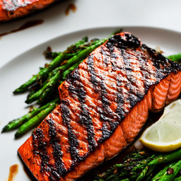 A photograph of a plate of Grilled Salmon With Teriyaki Glaze, generated by AI