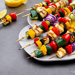 A photograph of a plate of Grilled Vegetable And Halloumi Skewers, generated by AI