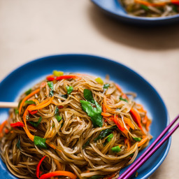 A photograph of a plate of Japchae, generated by AI