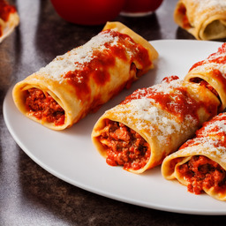 A photograph of a plate of Lasagna Roll-ups, generated by AI