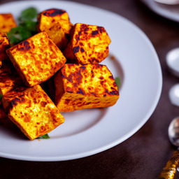 A photograph of a plate of Paneer Tikka, generated by AI