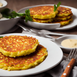 A photograph of a plate of Potato Pancakes With Applesauce, generated by AI