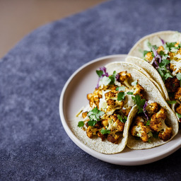 A photograph of a plate of Roasted Cauliflower Tacos, generated by AI