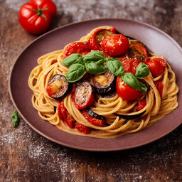 A photograph of a plate of Roasted Eggplant And Tomato Pasta, generated by AI