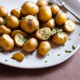 A photograph of a plate of Roasted Garlic And Herb Potatoes, generated by AI