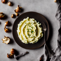 A photograph of a plate of Roasted Garlic Mashed Potatoes, generated by AI
