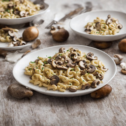 A photograph of a plate of Spaetzle With Mushrooms And Onions, generated by AI