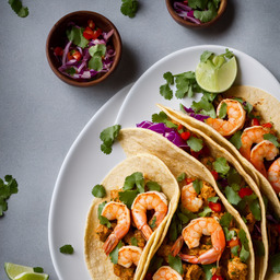 A photograph of a plate of Spicy Shrimp Tacos, generated by AI