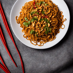 A photograph of a plate of Spicy Thai Peanut Noodles, generated by AI