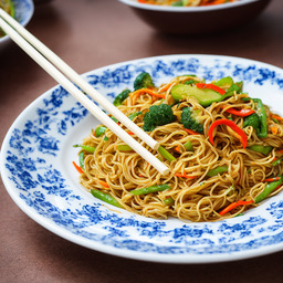 A photograph of a plate of Stir-fried Noodles With Vegetables, generated by AI