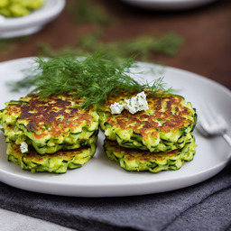 A photograph of a plate of Zucchini Fritters With Feta And Dill, generated by AI